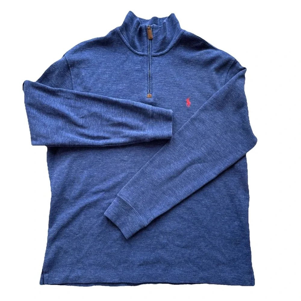 POLO RALPH LAUREN Men's 100% Cotton 1/4 Zip Knit Pullover‎ Blue SZ Large